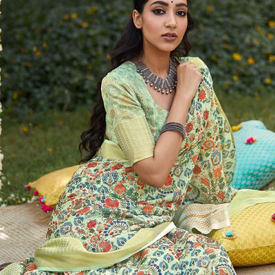 Tea Green Digital Printed Linen Saree