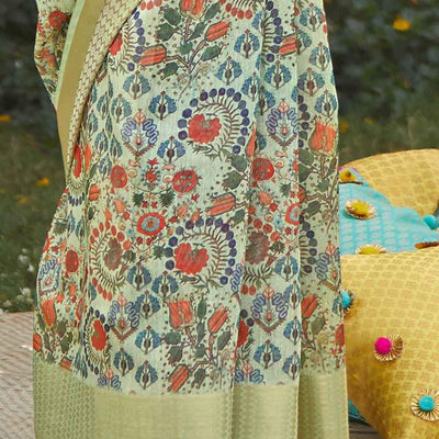 Tea Green Digital Printed Linen Saree