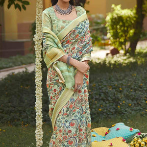 Tea Green Digital Printed Linen Saree