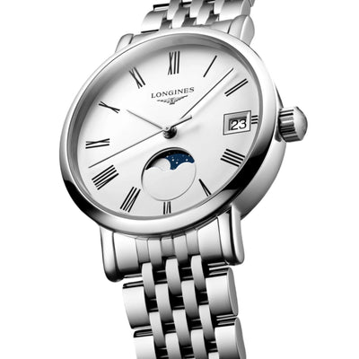 Longines Elegant Moonphase White Matt Dial Men 30mm