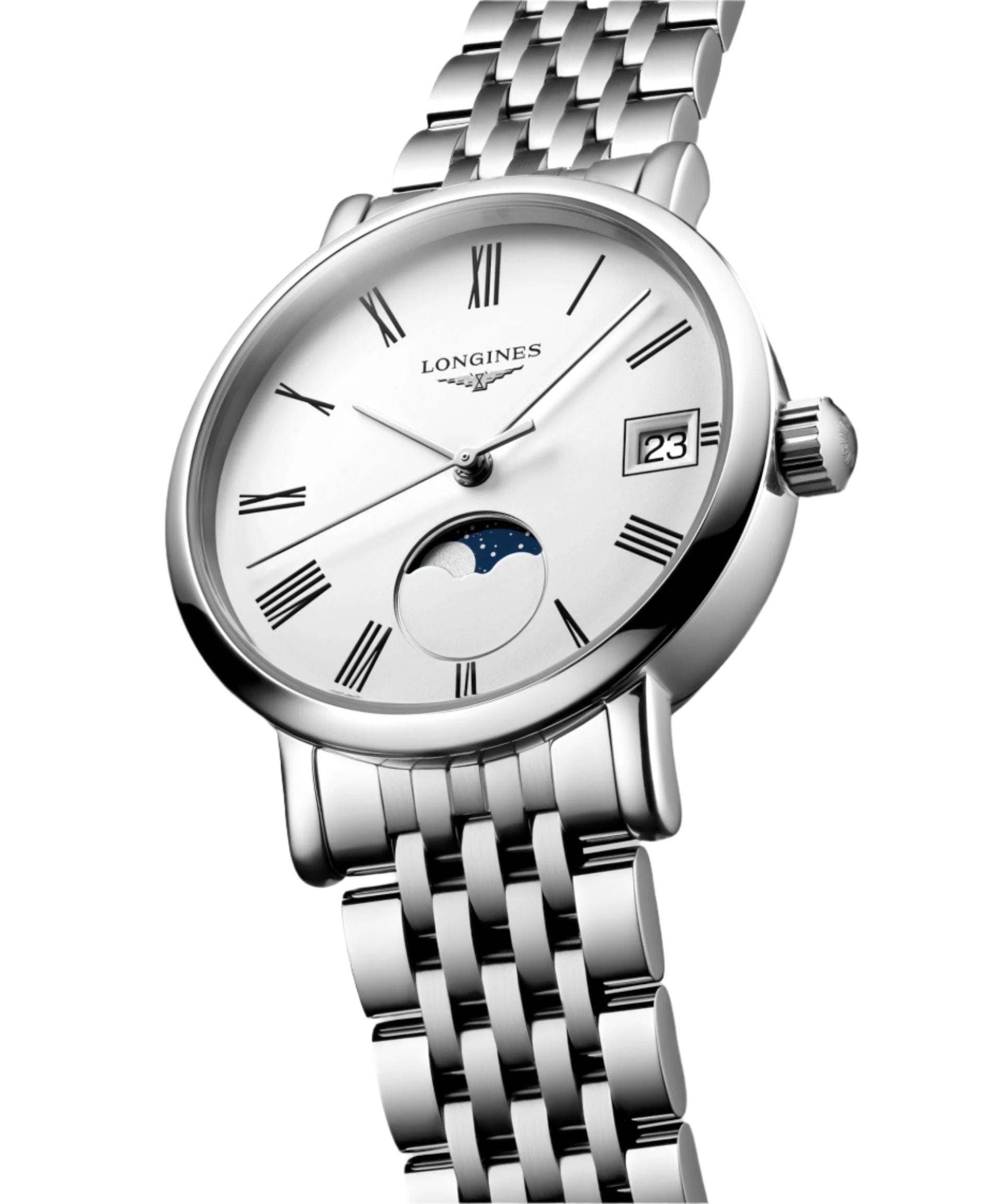 Longines Elegant Moonphase White Matt Dial Men 30mm