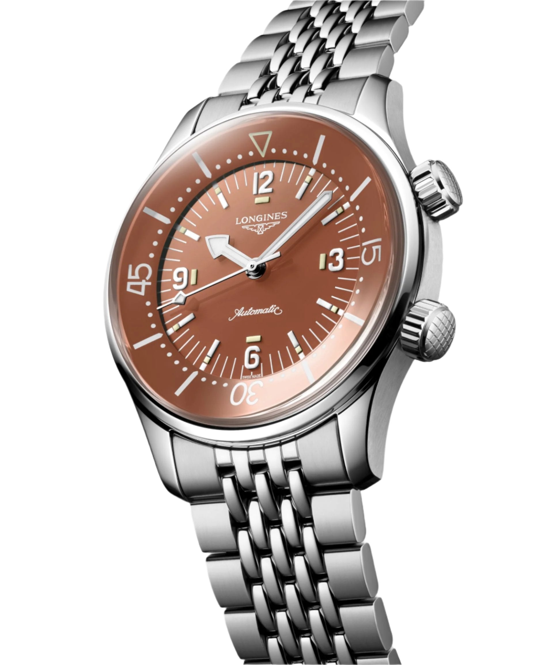 Longines Legend Diver Terracotta Dial & Silver Chain Watch for Men