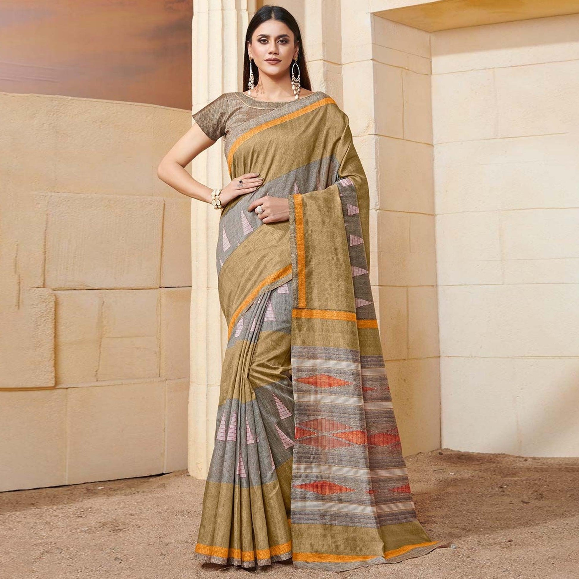 Lovely Beige Colored Casual Wear Printed Bhagalpuri Silk Saree