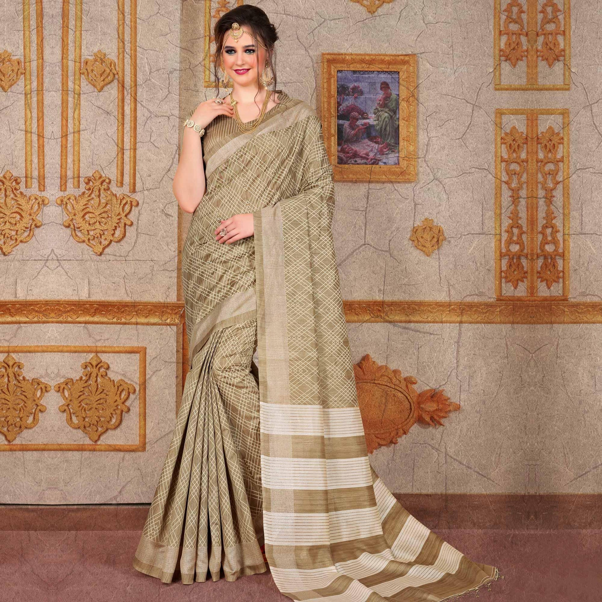 Lovely Beige Colored Festive Wear Printed Bhagalpuri Silk Saree
