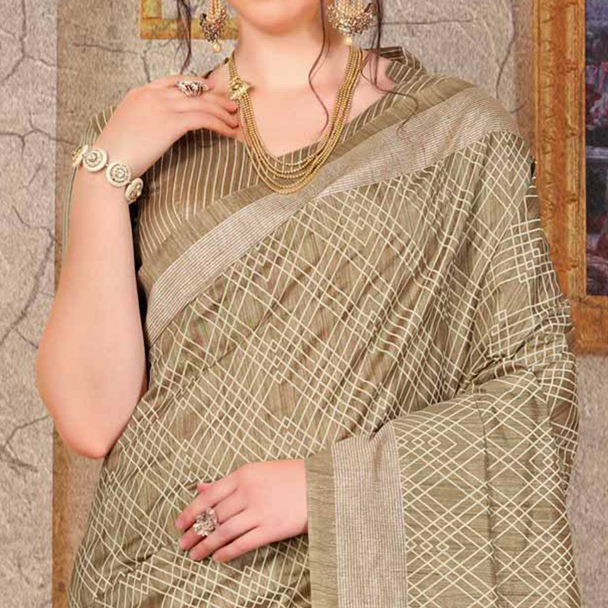 Lovely Beige Colored Festive Wear Printed Bhagalpuri Silk Saree