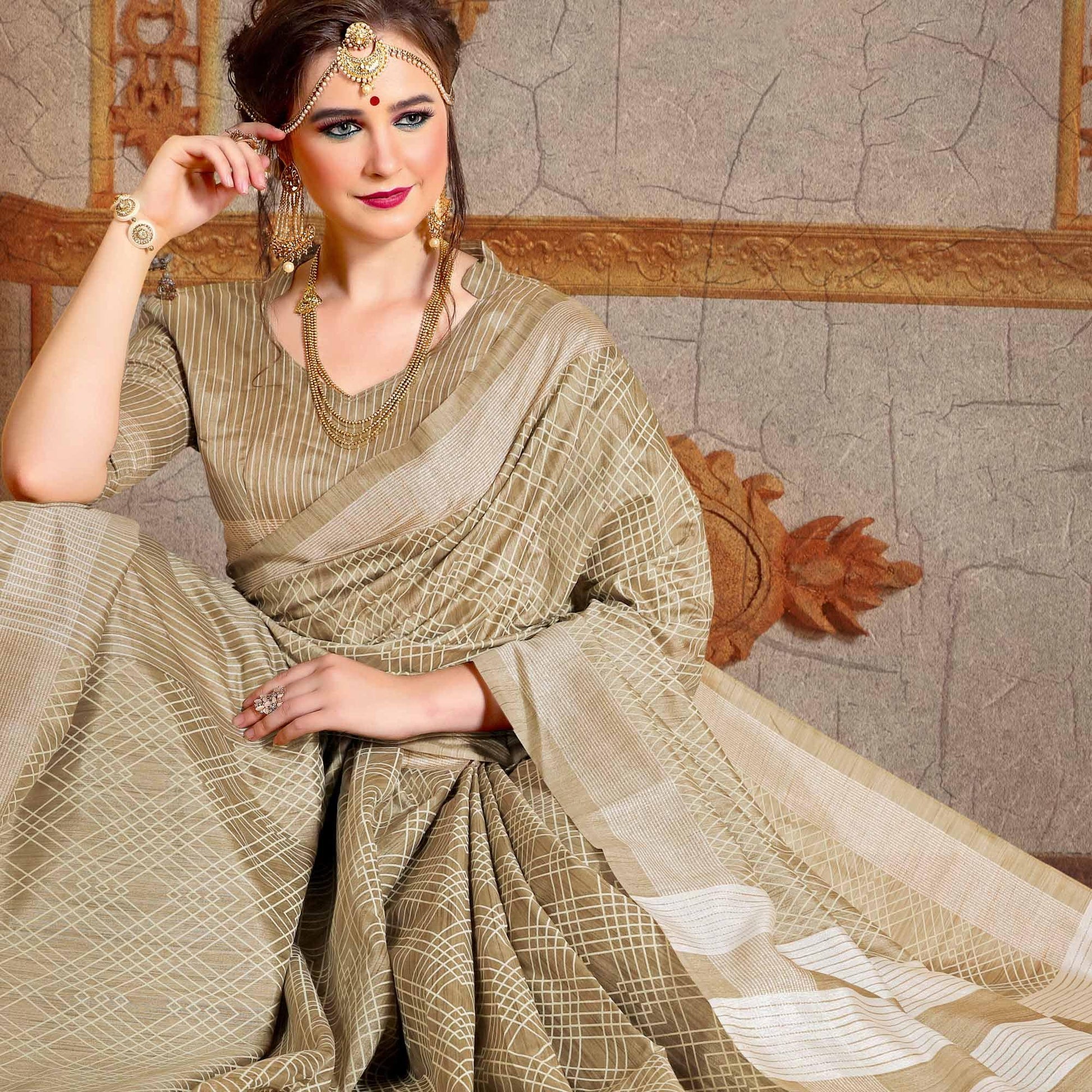 Lovely Beige Colored Festive Wear Printed Bhagalpuri Silk Saree