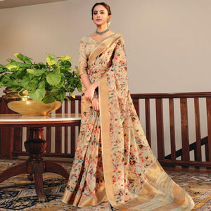 Lovely Beige Colored Party Wear Digital Printed Linen Saree