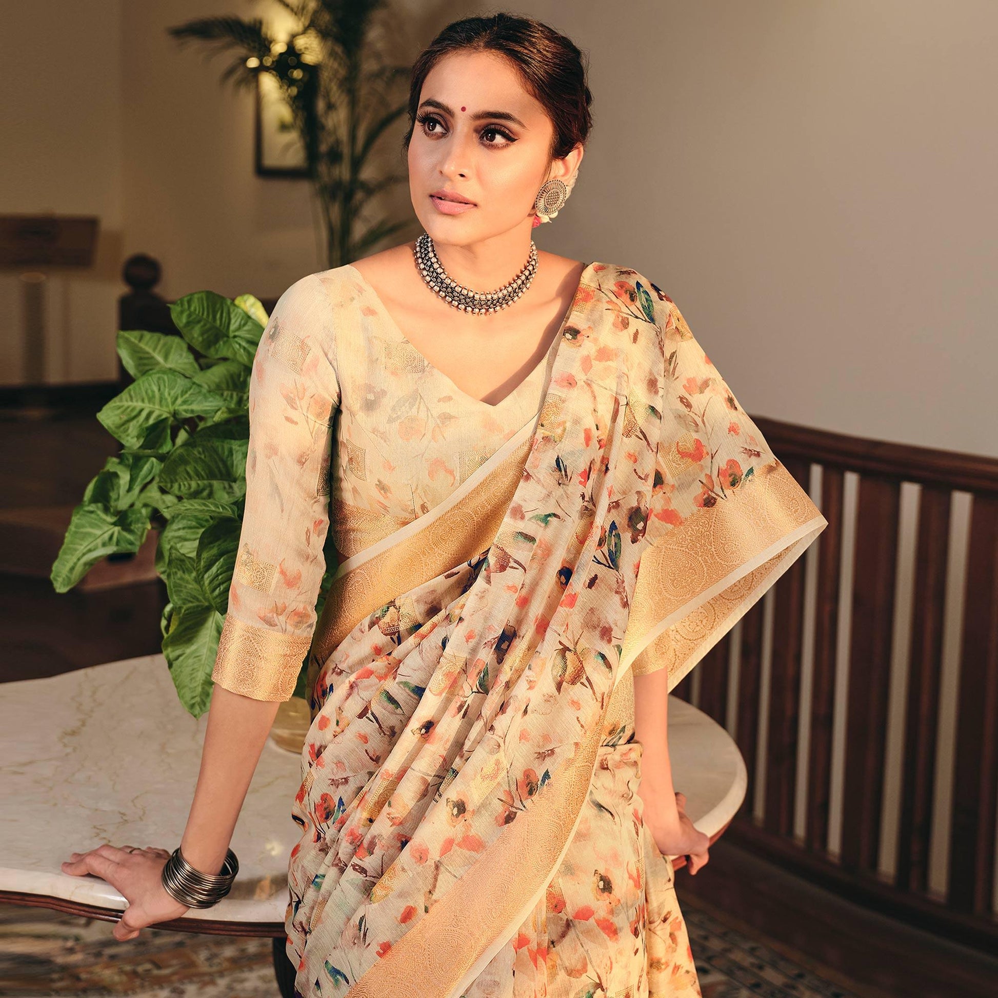 Lovely Beige Colored Party Wear Digital Printed Linen Saree