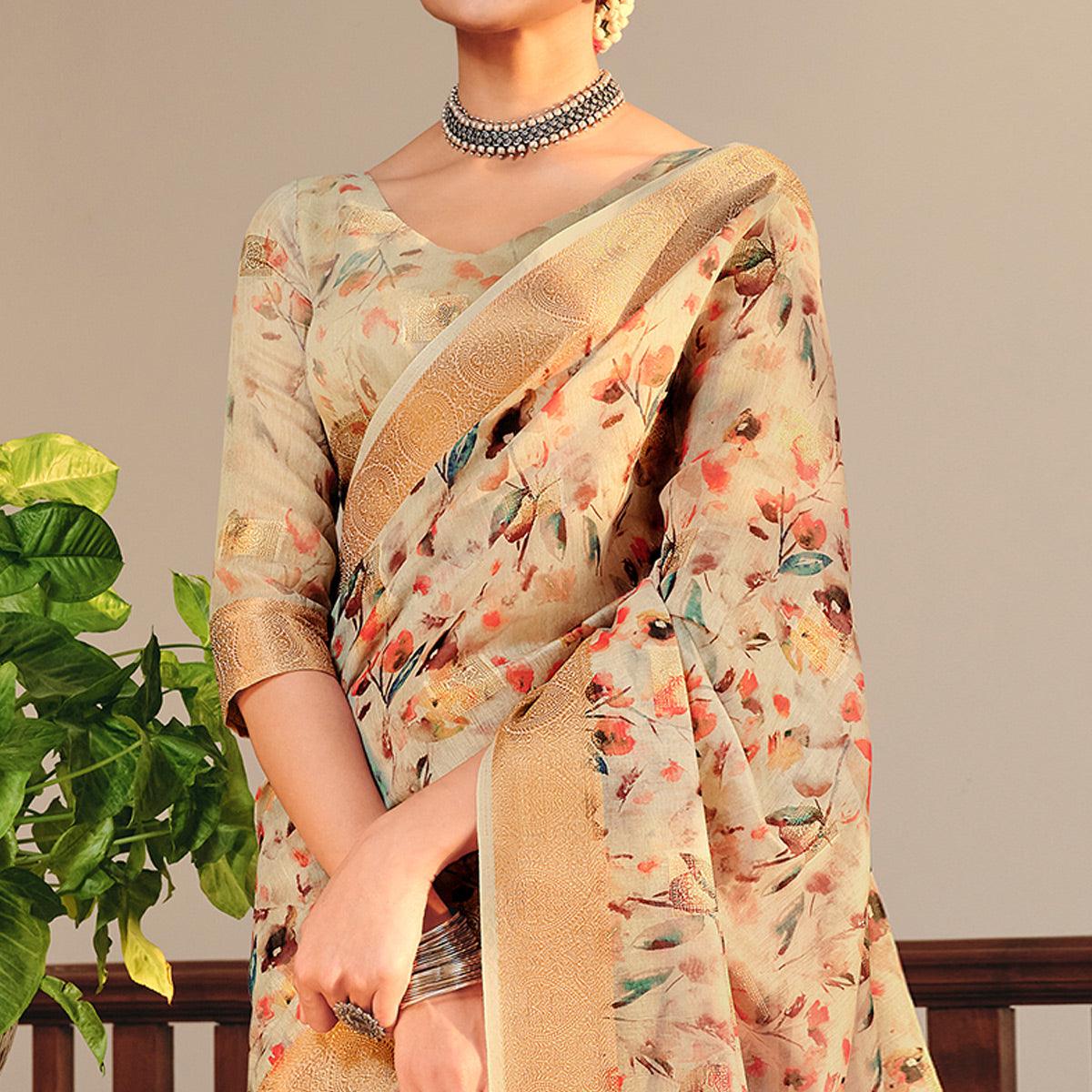 Lovely Beige Colored Party Wear Digital Printed Linen Saree