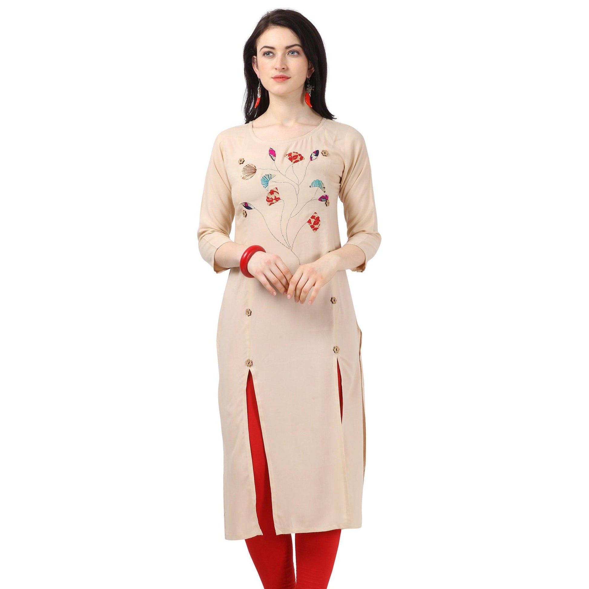 Lovely Beige Colored Partywear Embellished Rayon Kurti