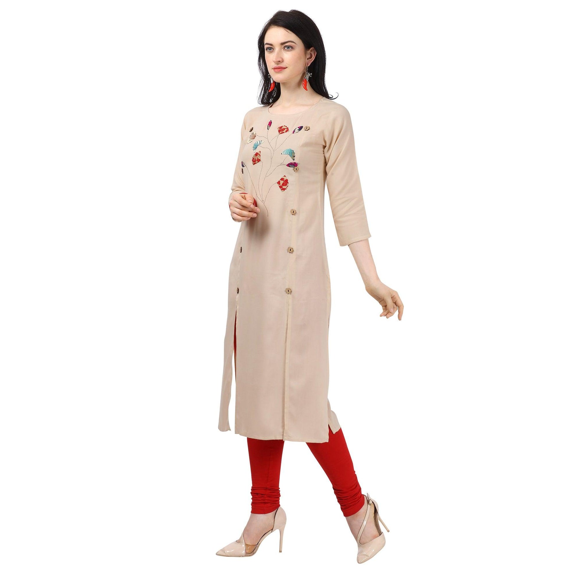 Lovely Beige Colored Partywear Embellished Rayon Kurti
