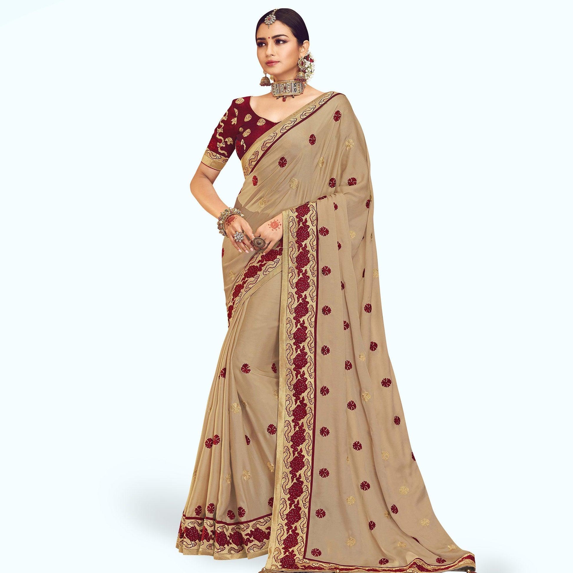 Lovely Beige Colored Partywear Embroidered Chinon Silk Saree