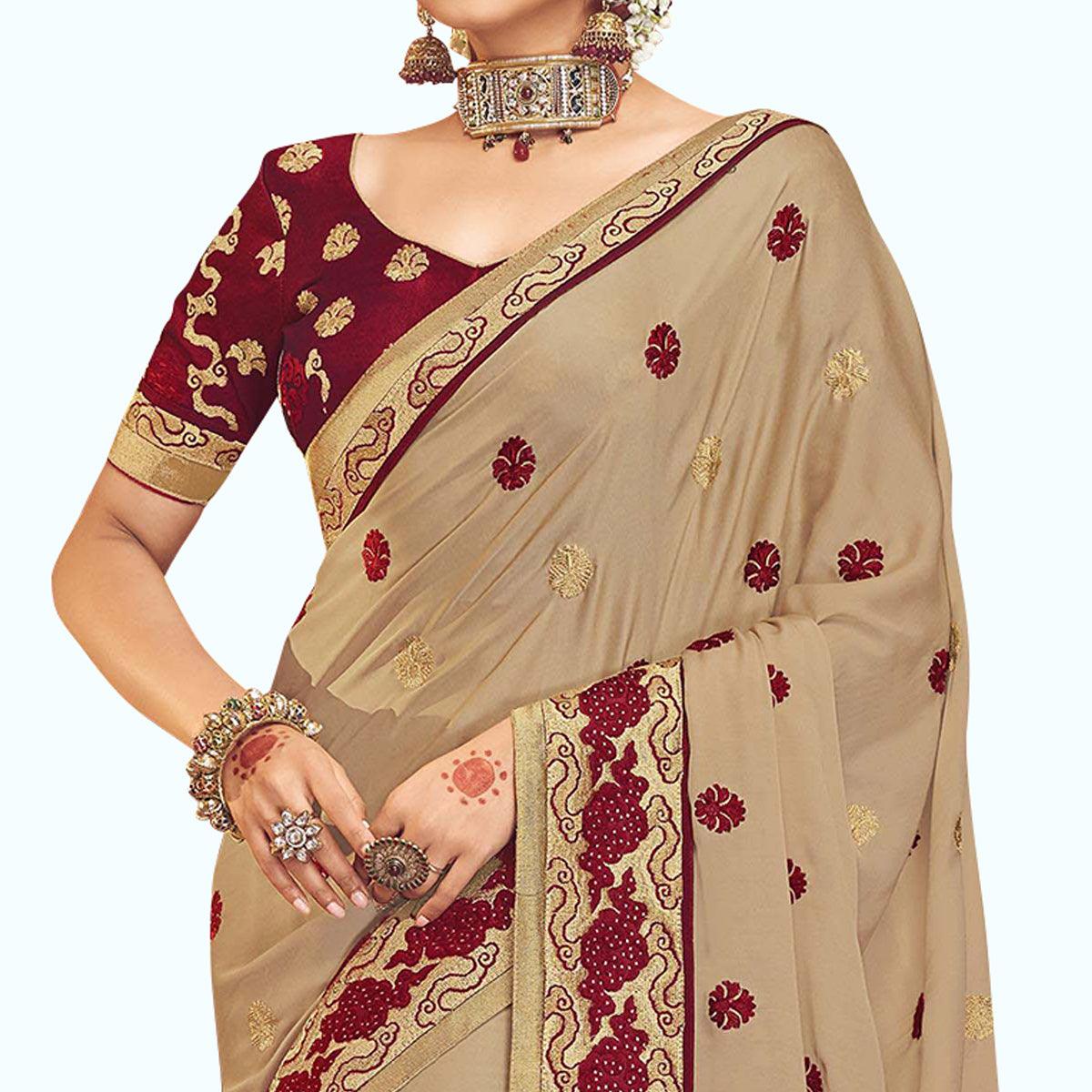 Lovely Beige Colored Partywear Embroidered Chinon Silk Saree