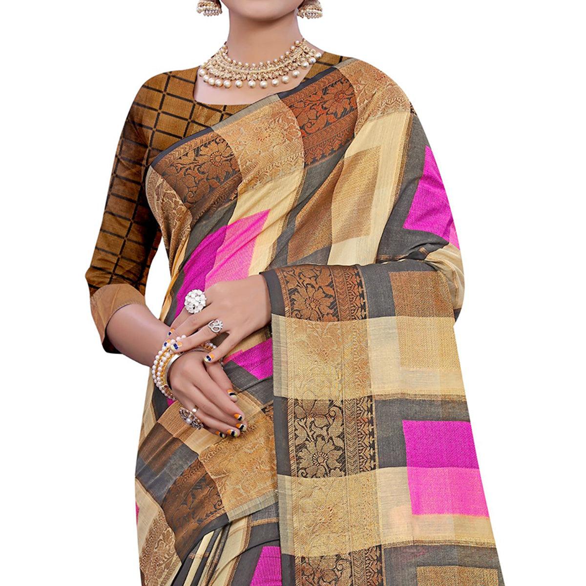 Lovely Beige-Pink Colored Casual Printed Pure Cotton Jacquard Saree