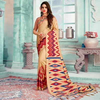 Lovely Beige-Red Colored Festive Wear Printed Cotton Silk Saree With Tassels