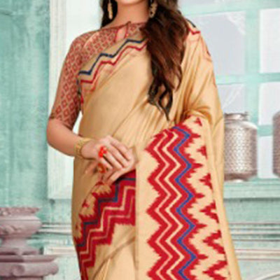 Lovely Beige-Red Colored Festive Wear Printed Cotton Silk Saree With Tassels