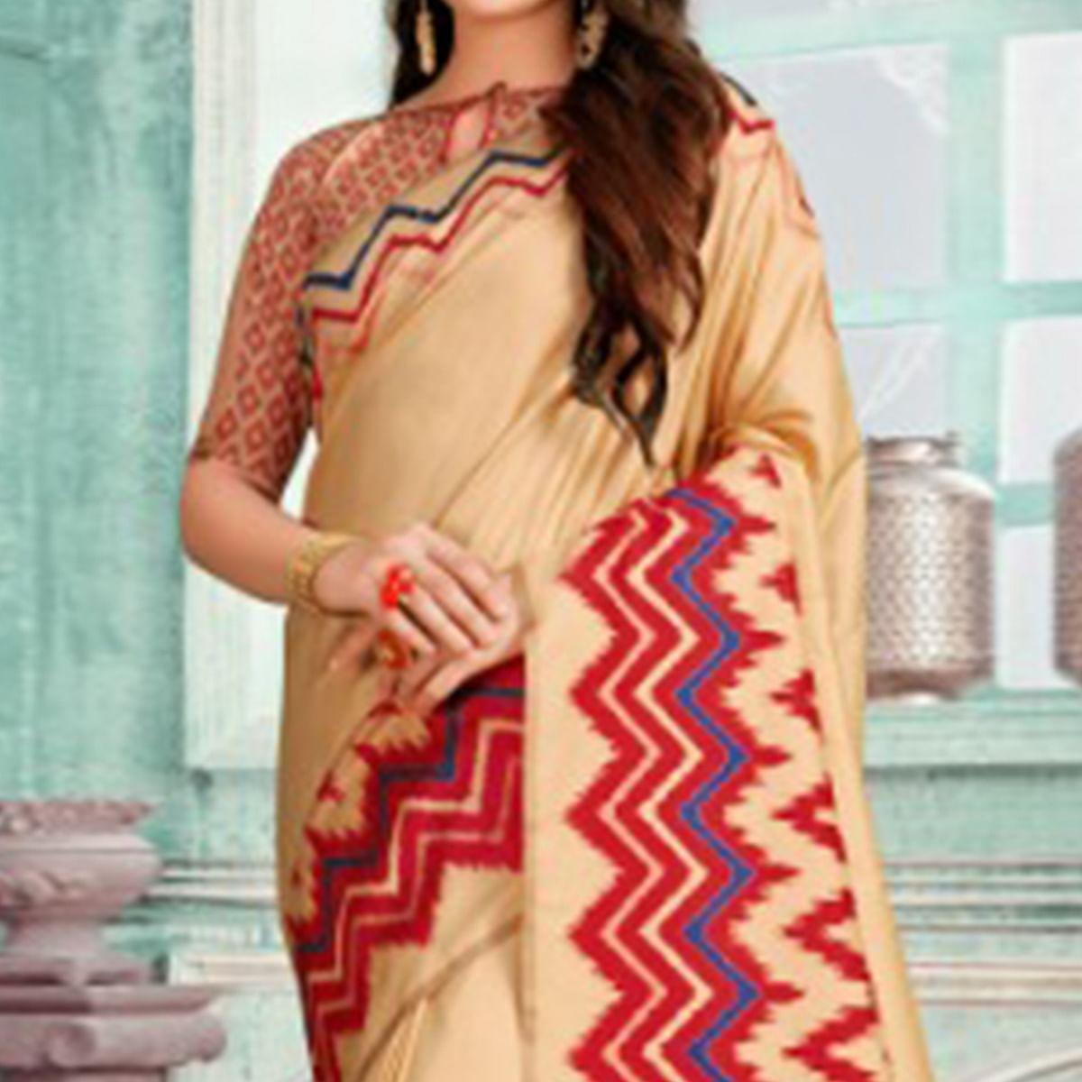 Lovely Beige-Red Colored Festive Wear Printed Cotton Silk Saree With Tassels