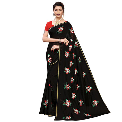 Lovely Black Colored Partywear Embroidered Chanderi Silk Saree