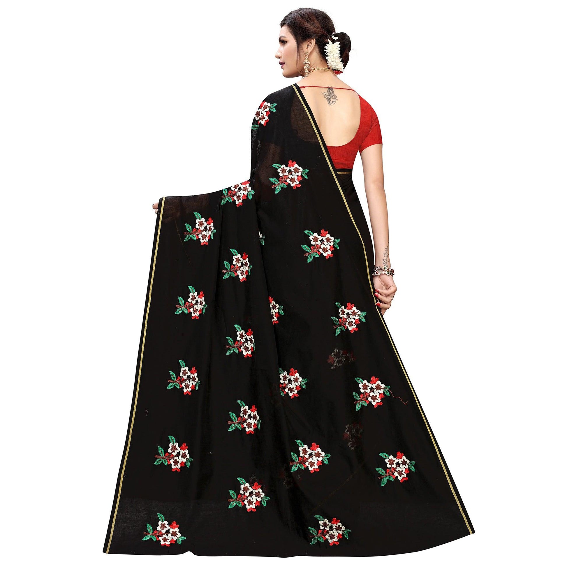 Lovely Black Colored Partywear Embroidered Chanderi Silk Saree