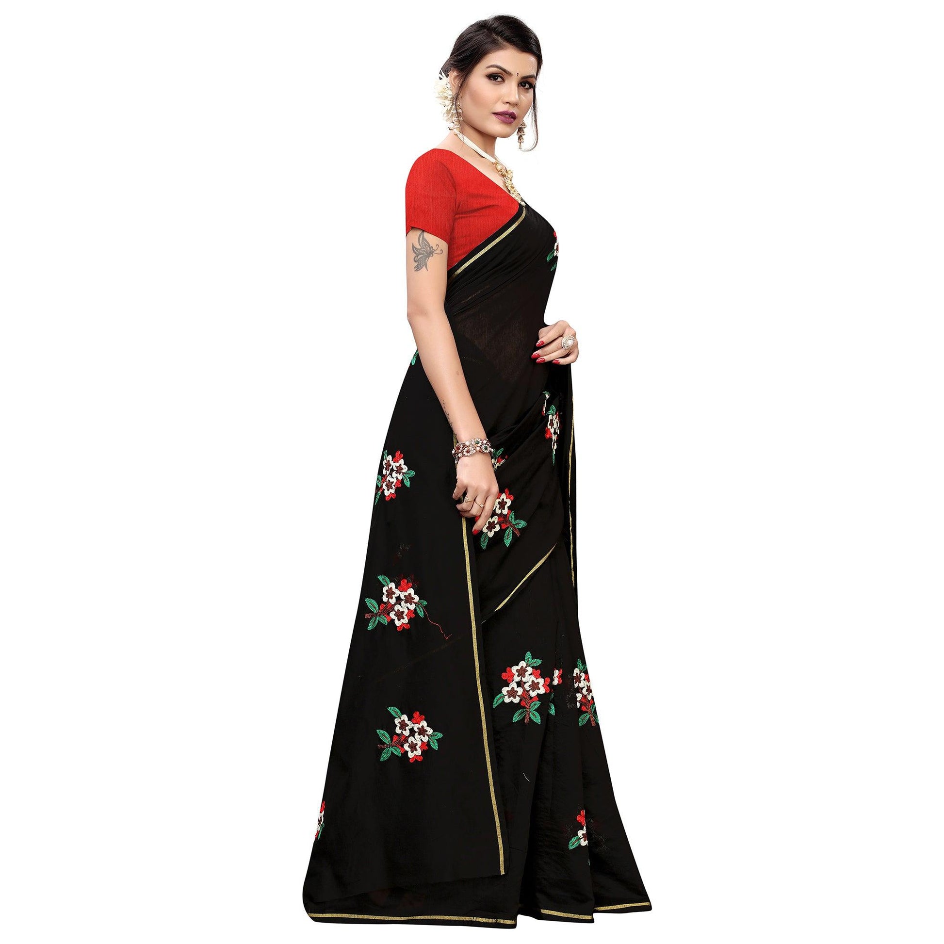 Lovely Black Colored Partywear Embroidered Chanderi Silk Saree