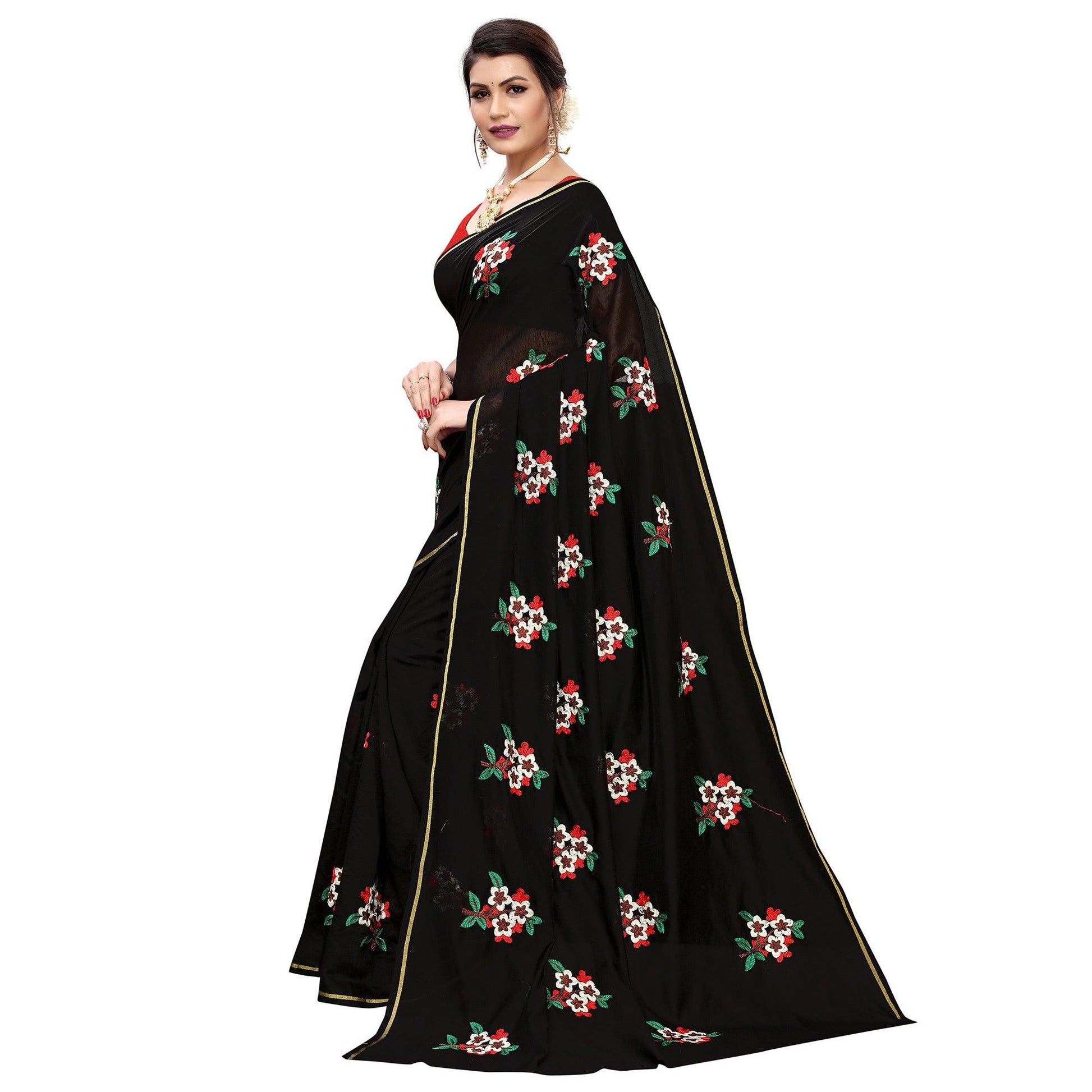 Lovely Black Colored Partywear Embroidered Chanderi Silk Saree