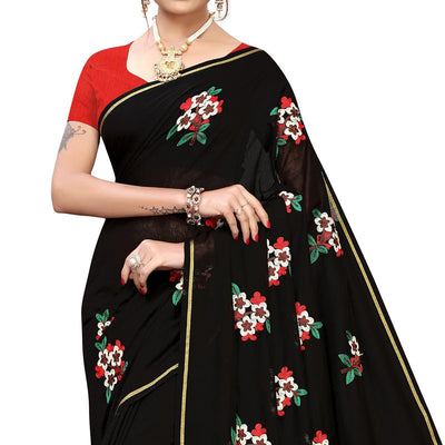 Lovely Black Colored Partywear Embroidered Chanderi Silk Saree