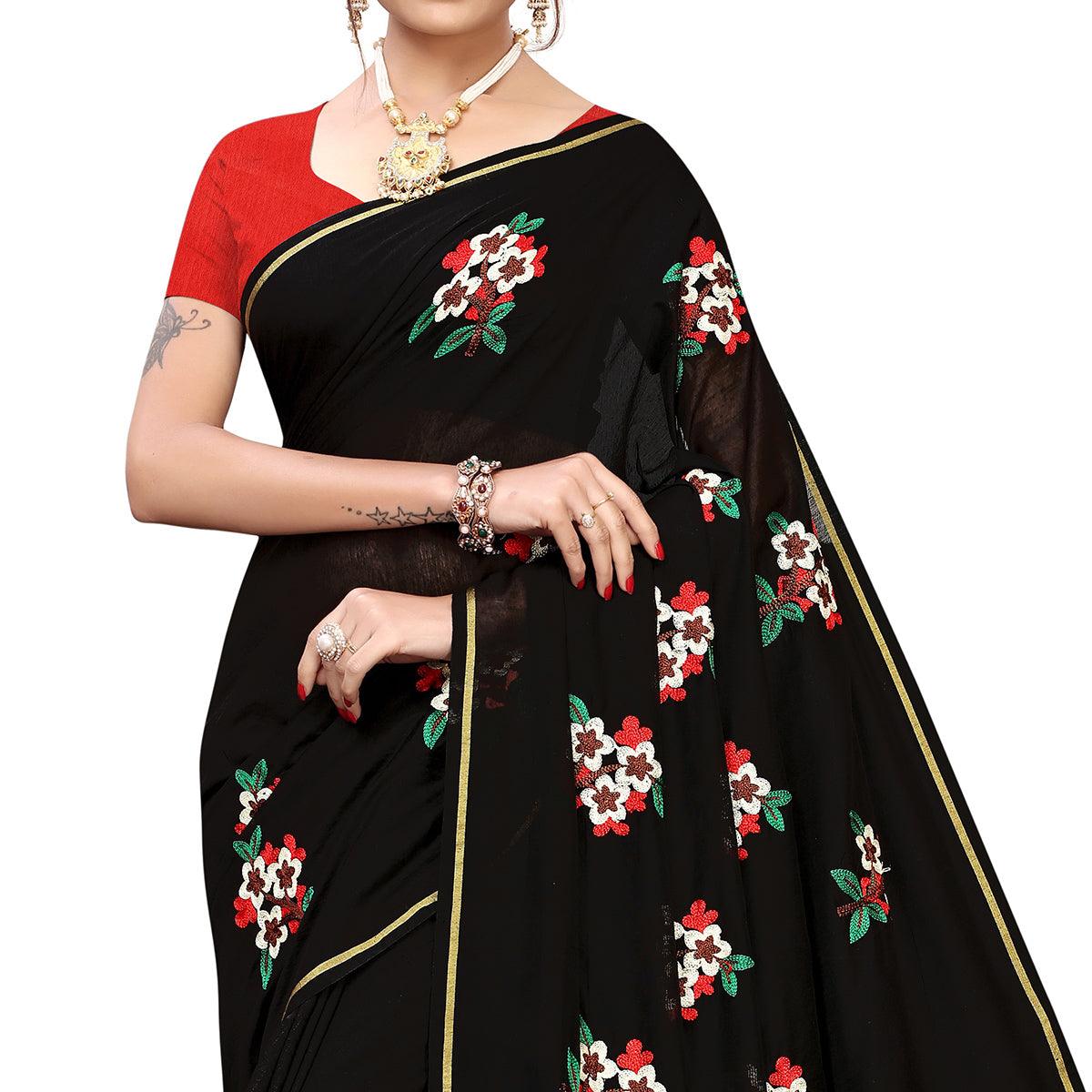 Lovely Black Colored Partywear Embroidered Chanderi Silk Saree