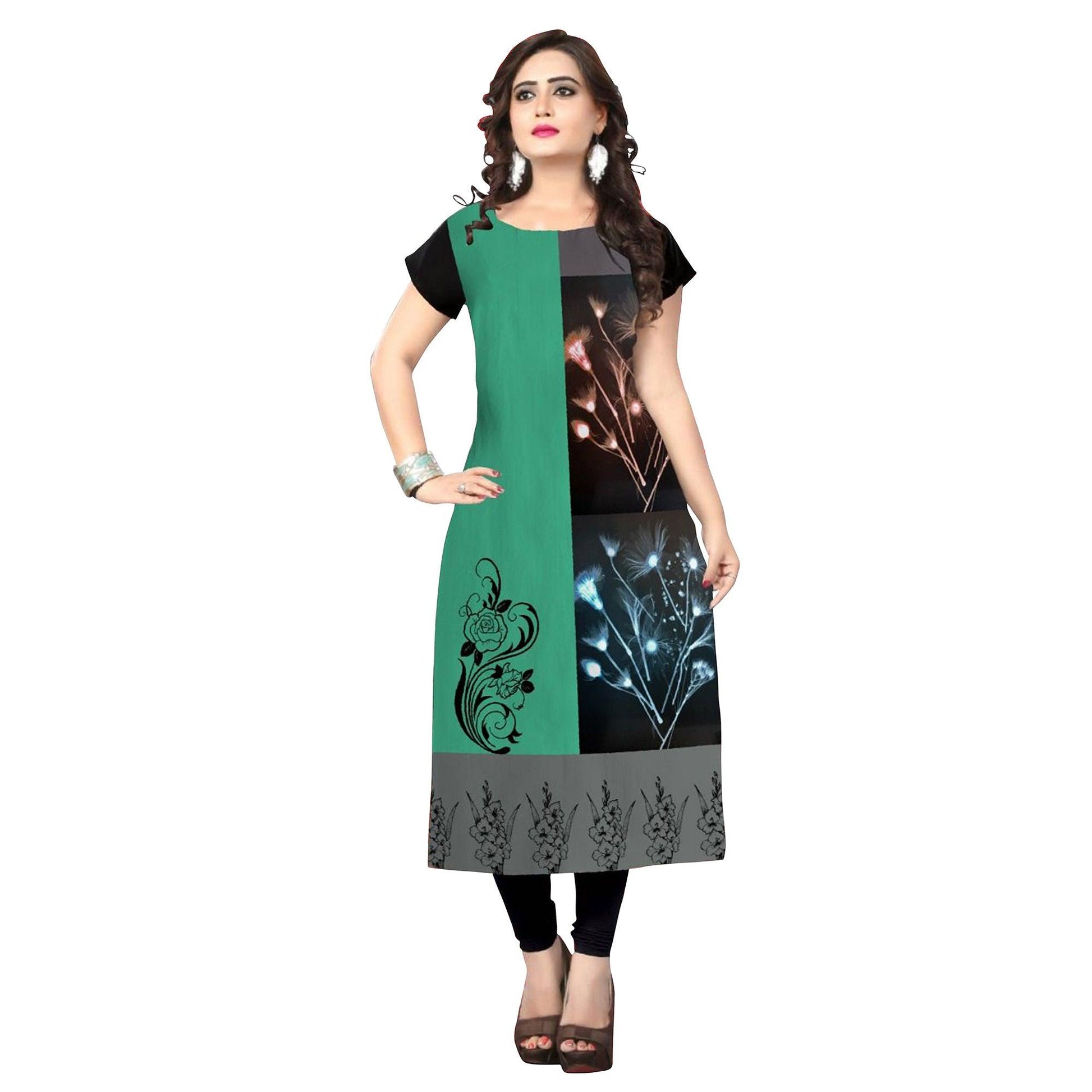 Lovely Black-Green Colored Casual Printed Crepe Kurti