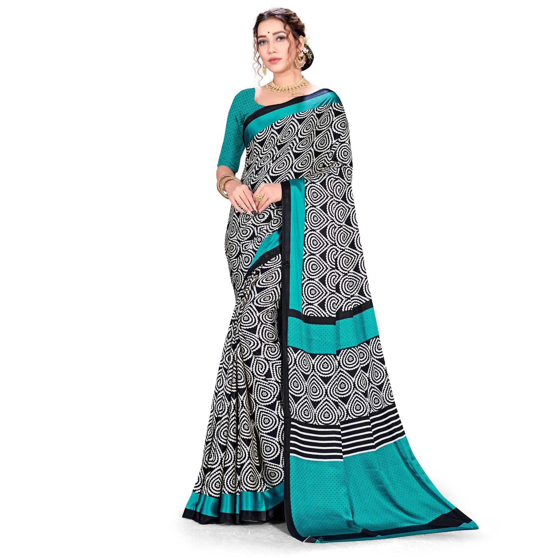 Lovely Blue-Black Colored Festive Wear Printed Satin Crepe Saree