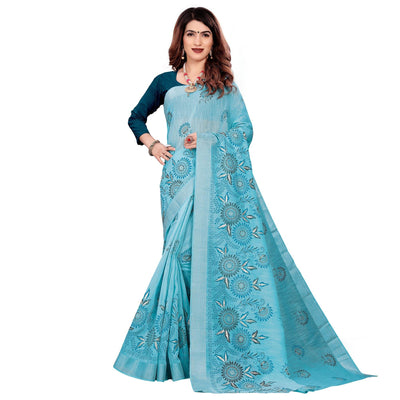 Lovely Blue Colored Casual Wear Printed Cotton Saree