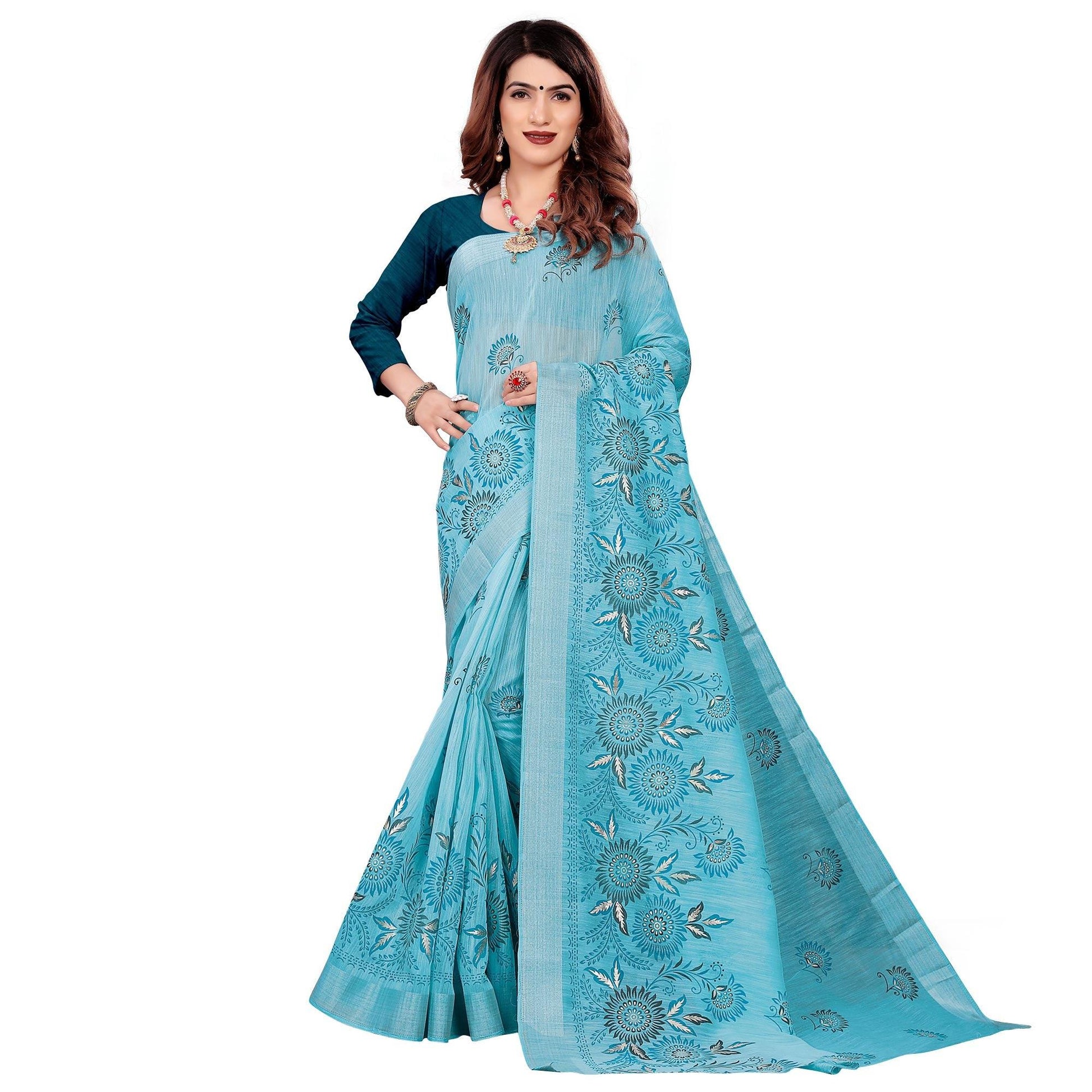 Lovely Blue Colored Casual Wear Printed Cotton Saree