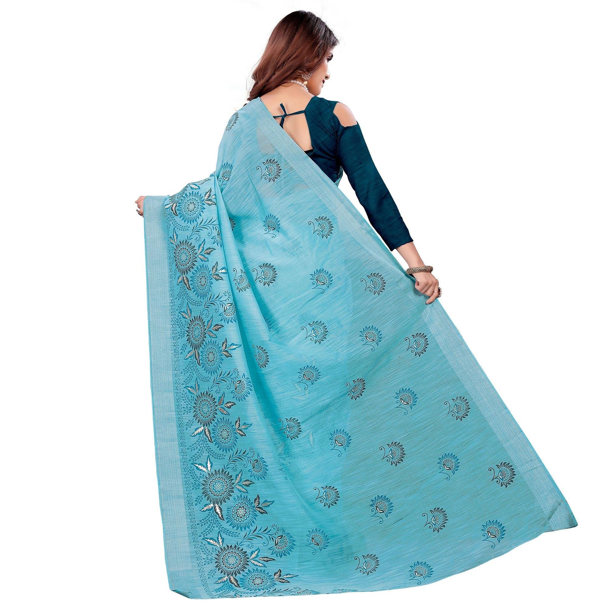 Lovely Blue Colored Casual Wear Printed Cotton Saree