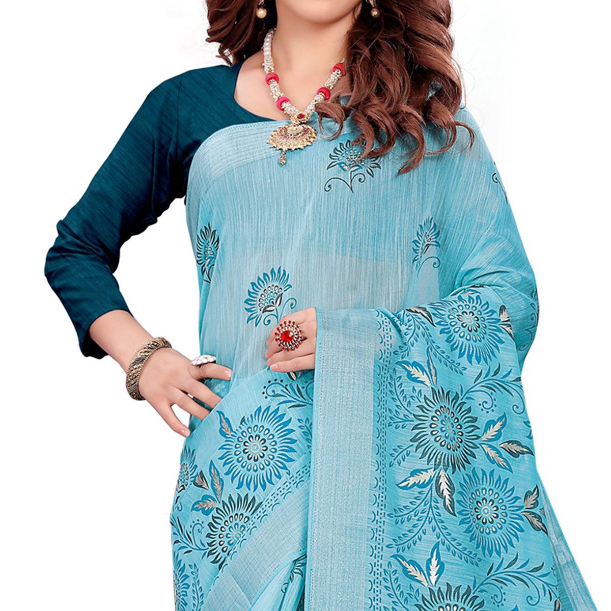 Lovely Blue Colored Casual Wear Printed Cotton Saree