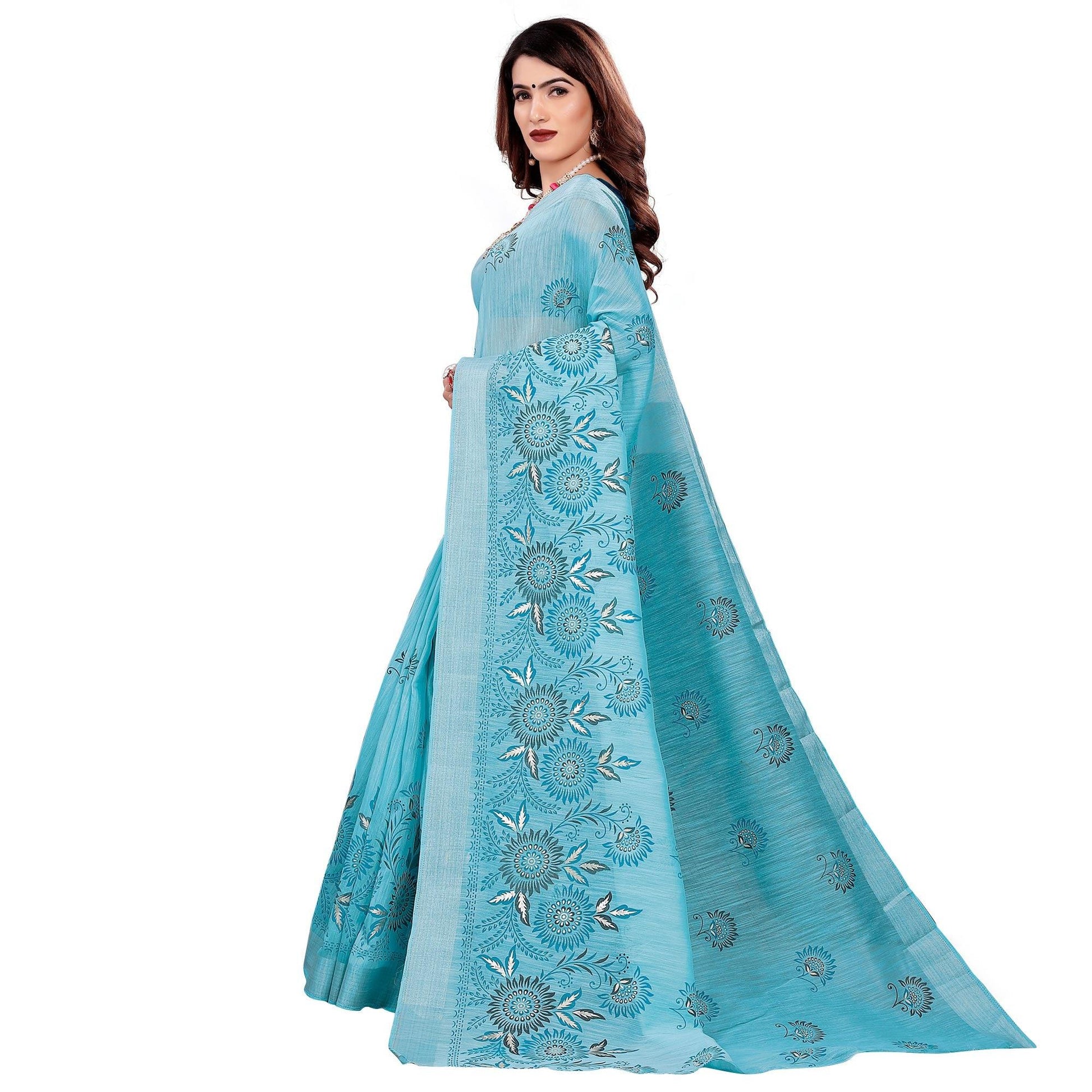 Lovely Blue Colored Casual Wear Printed Cotton Saree