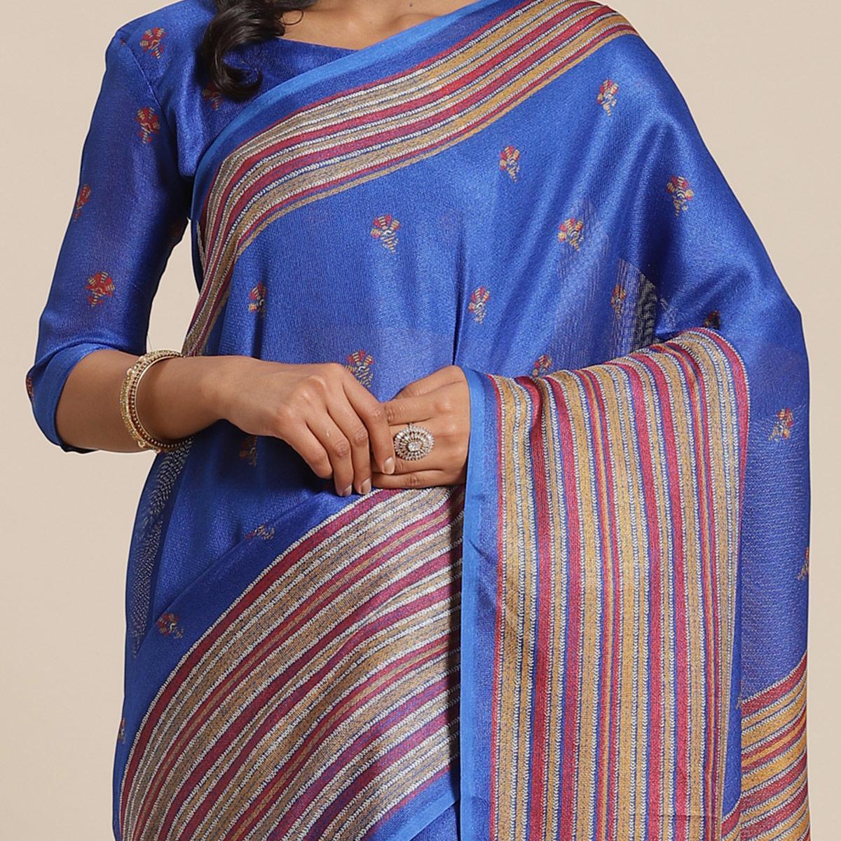 Lovely Blue Colored Casual Wear Printed Jute Silk Saree