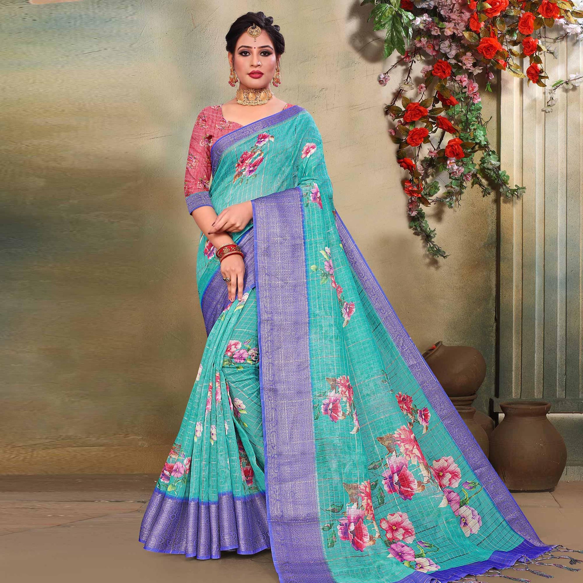 Lovely Blue Colored Festive Wear Digital Printed Linen Saree