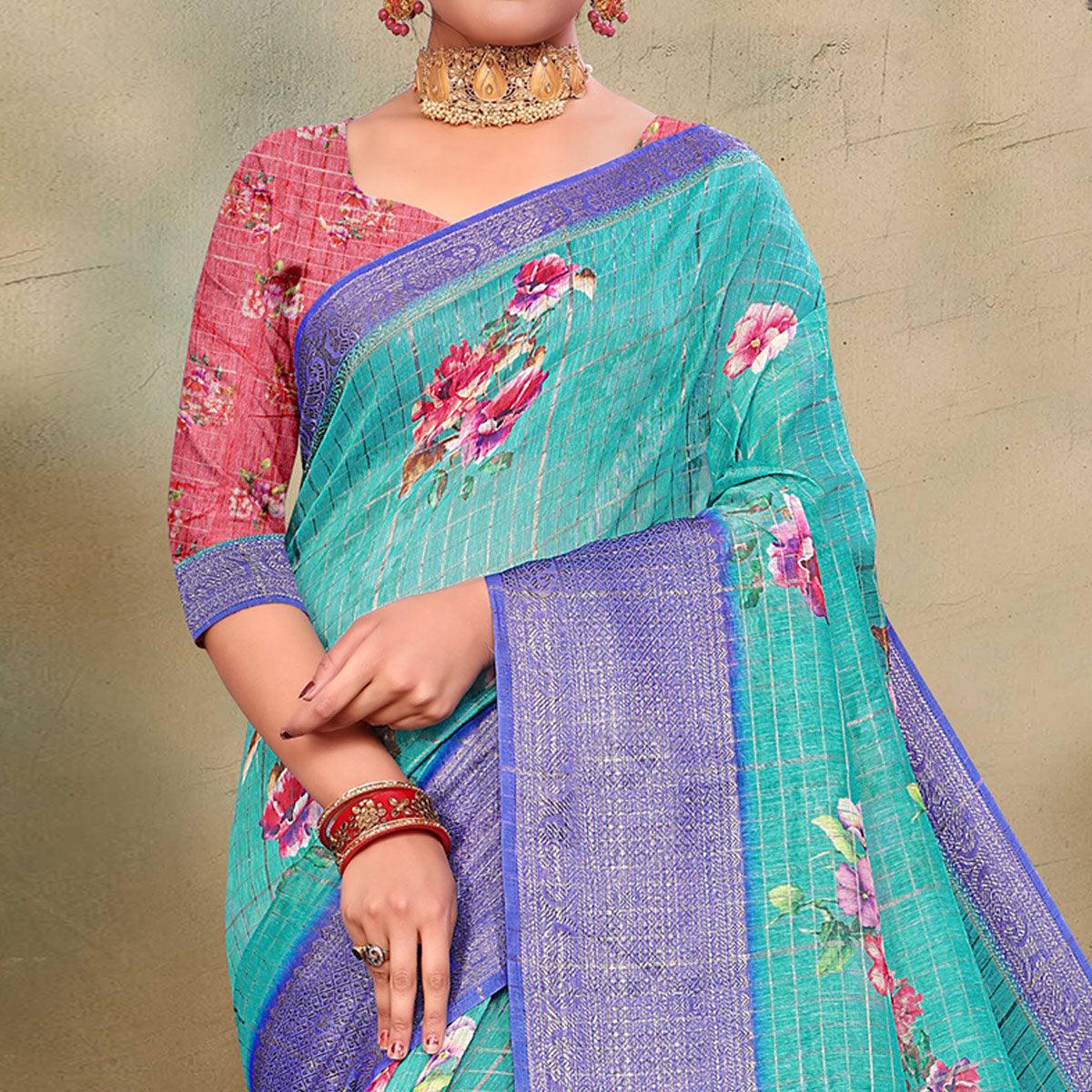 Lovely Blue Colored Festive Wear Digital Printed Linen Saree