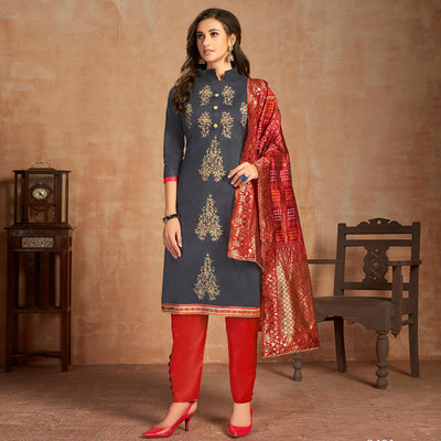 Lovely Blue Colored Partywear Embroidered Pure Cotton Dress Material