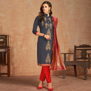 Lovely Blue Colored Partywear Embroidered Pure Cotton Dress Material