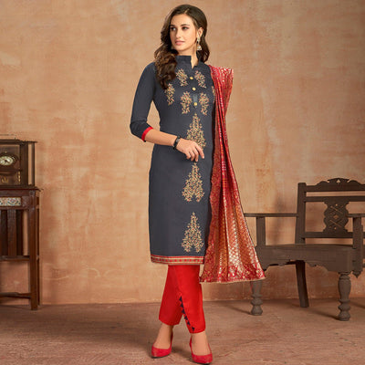 Lovely Blue Colored Partywear Embroidered Pure Cotton Dress Material