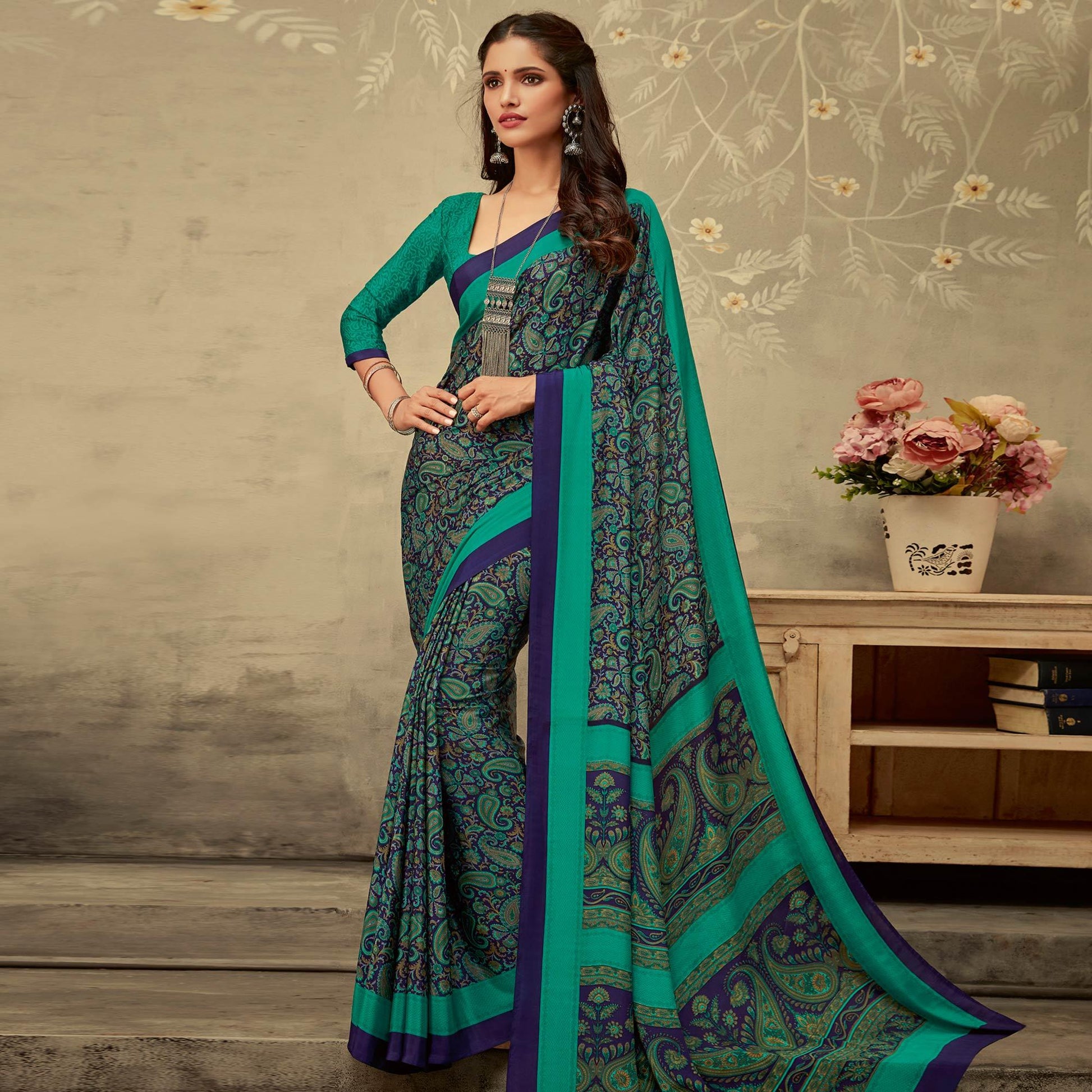 Lovely Blue Colored Partywear Printed Crepe Saree