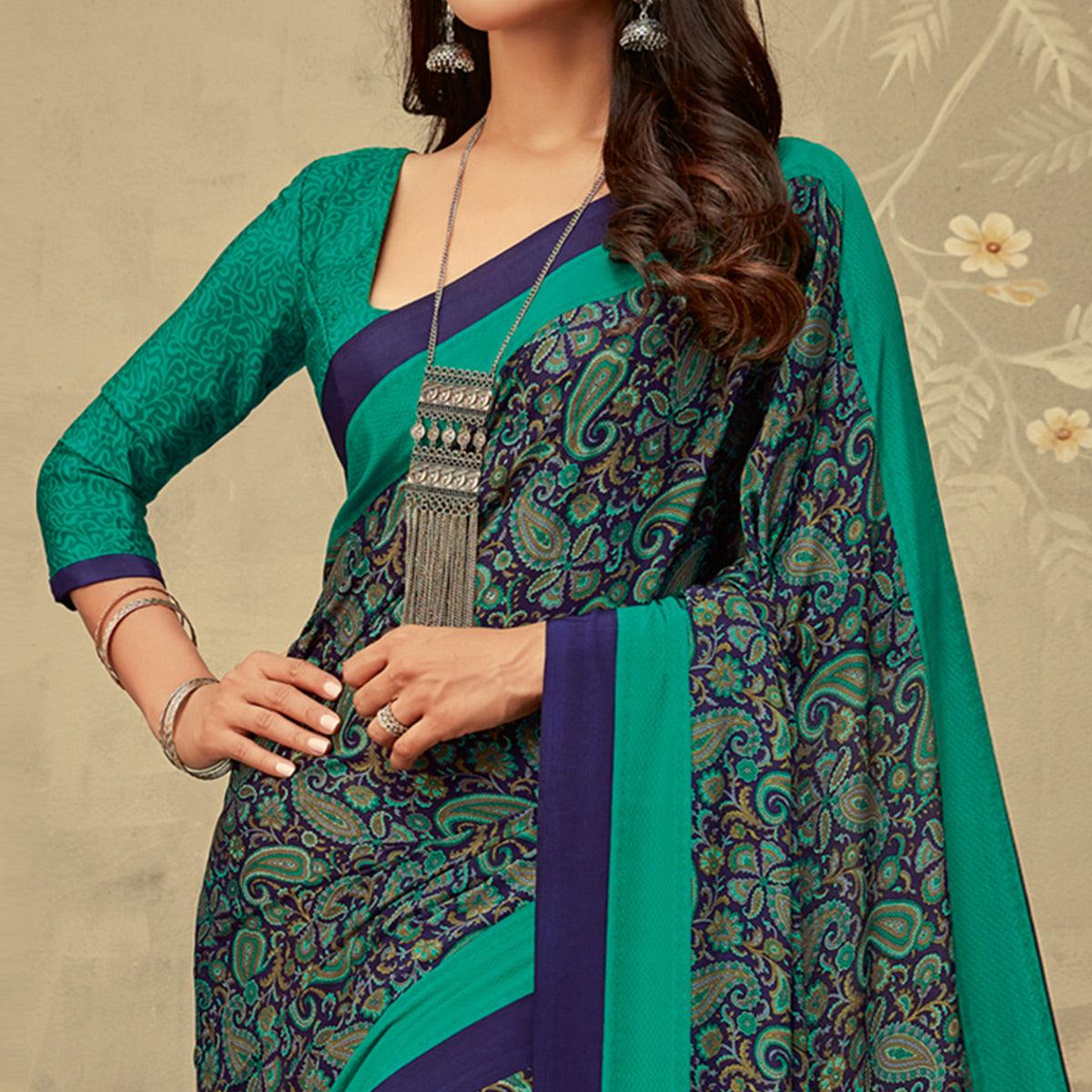 Lovely Blue Colored Partywear Printed Crepe Saree