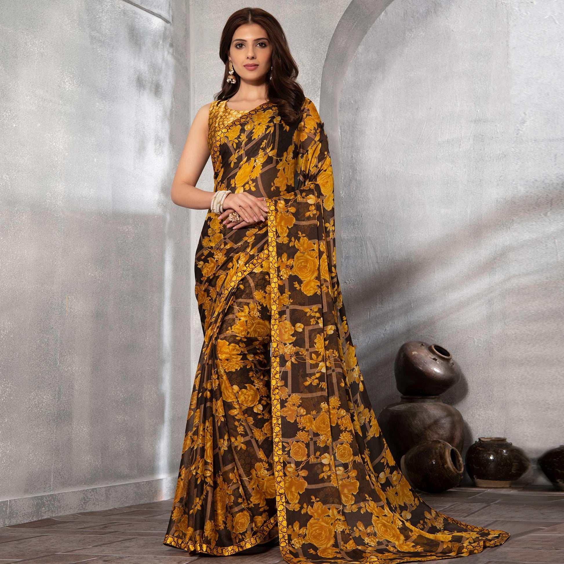 Lovely Brown - Yellow Colored Casual Floral Printed Chiffon Saree