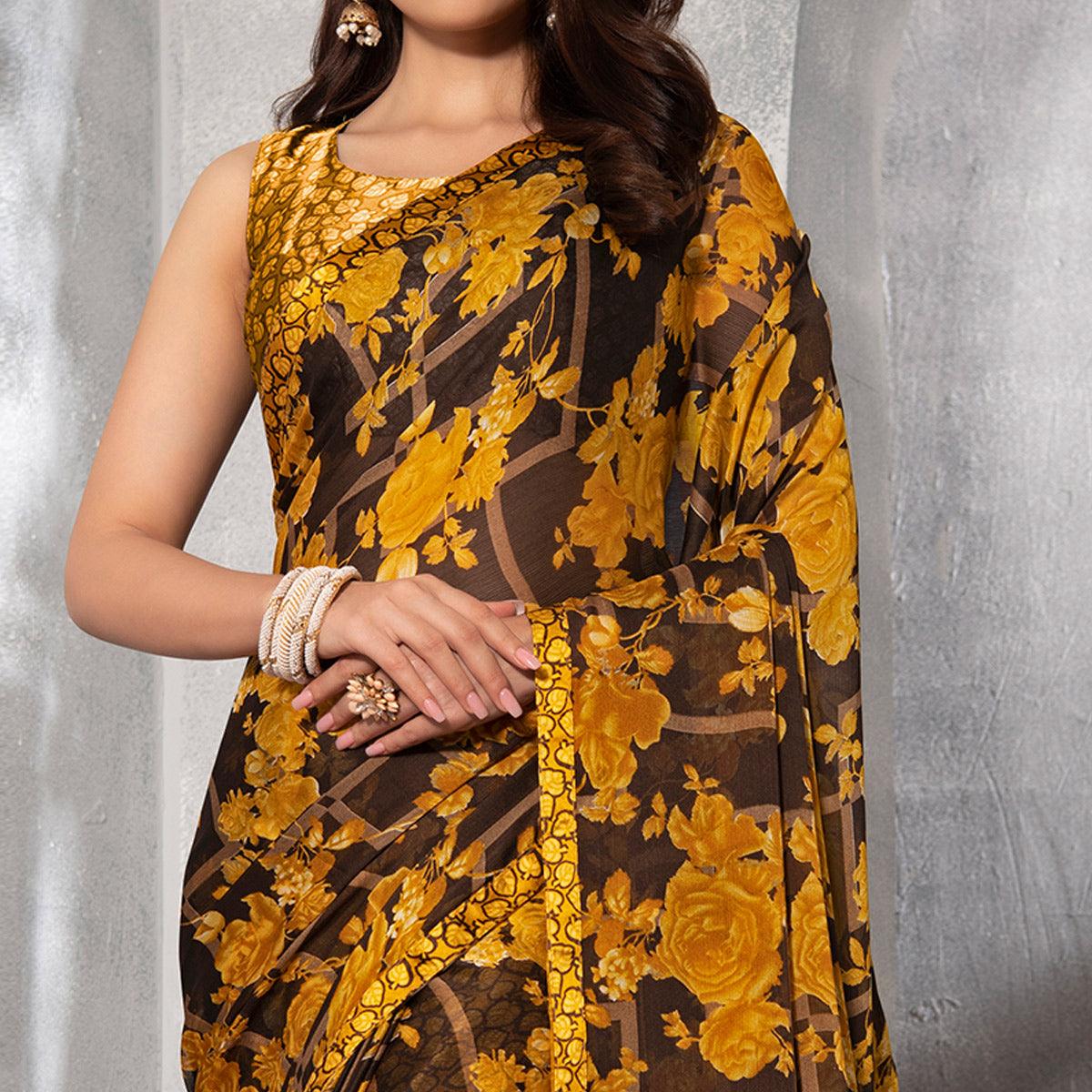 Lovely Brown - Yellow Colored Casual Floral Printed Chiffon Saree