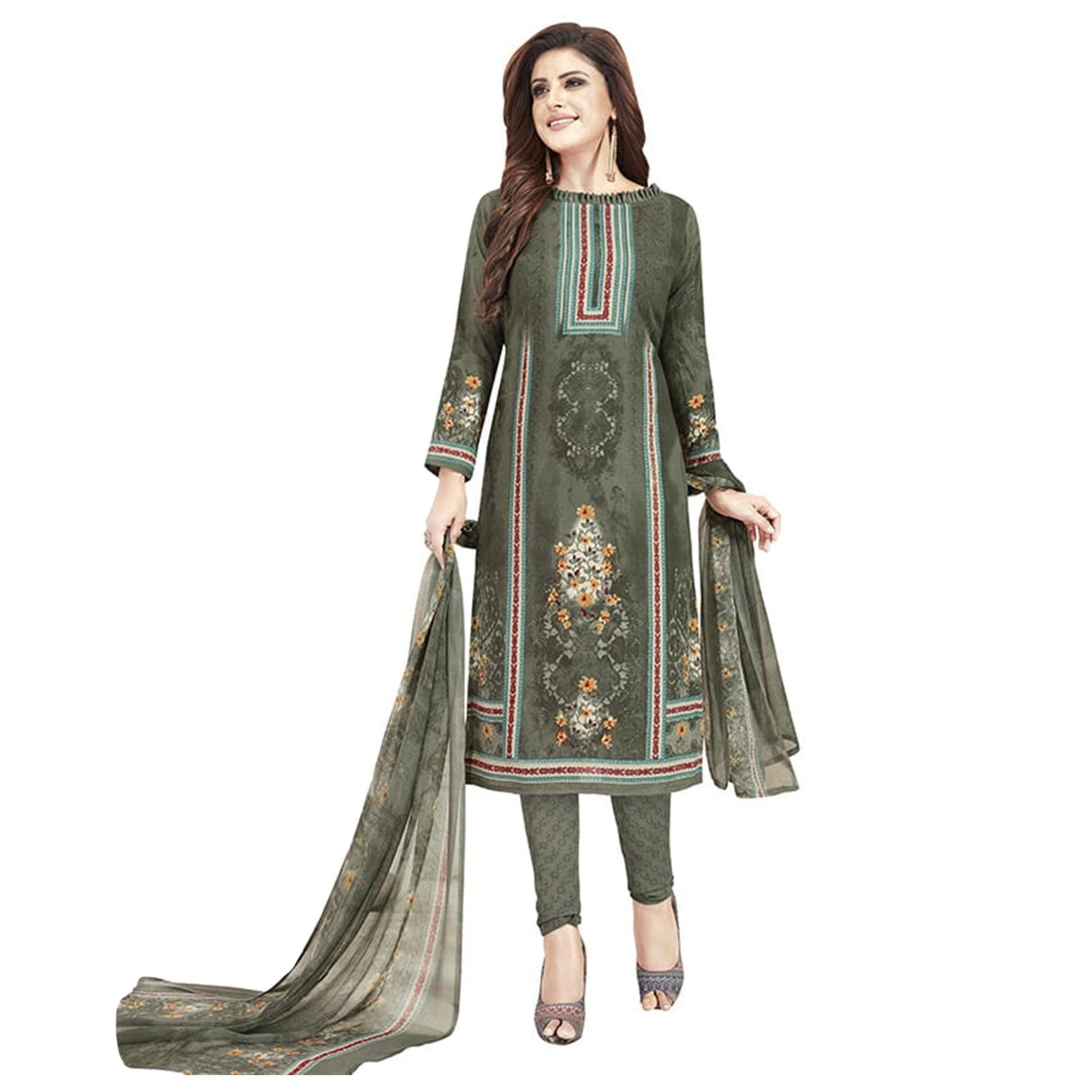 Lovely Dark Grey Colored Casual Printed Crepe Churidar Dress Material