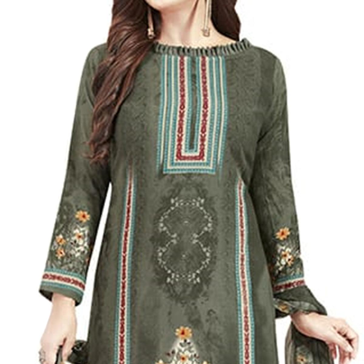 Lovely Dark Grey Colored Casual Printed Crepe Churidar Dress Material