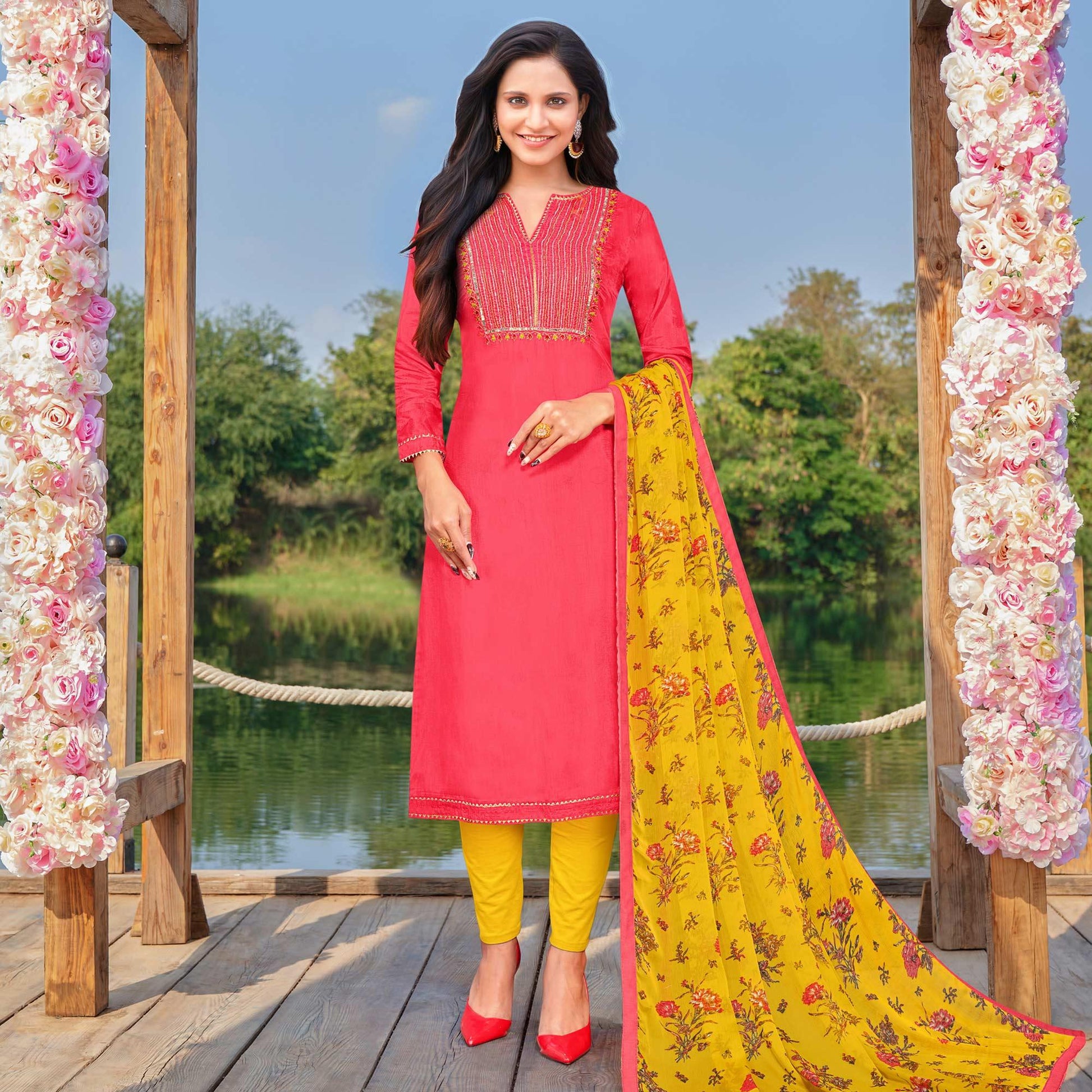 Lovely Dark Peach Colored Partywear Embroidered Modal Cotton Dress Material