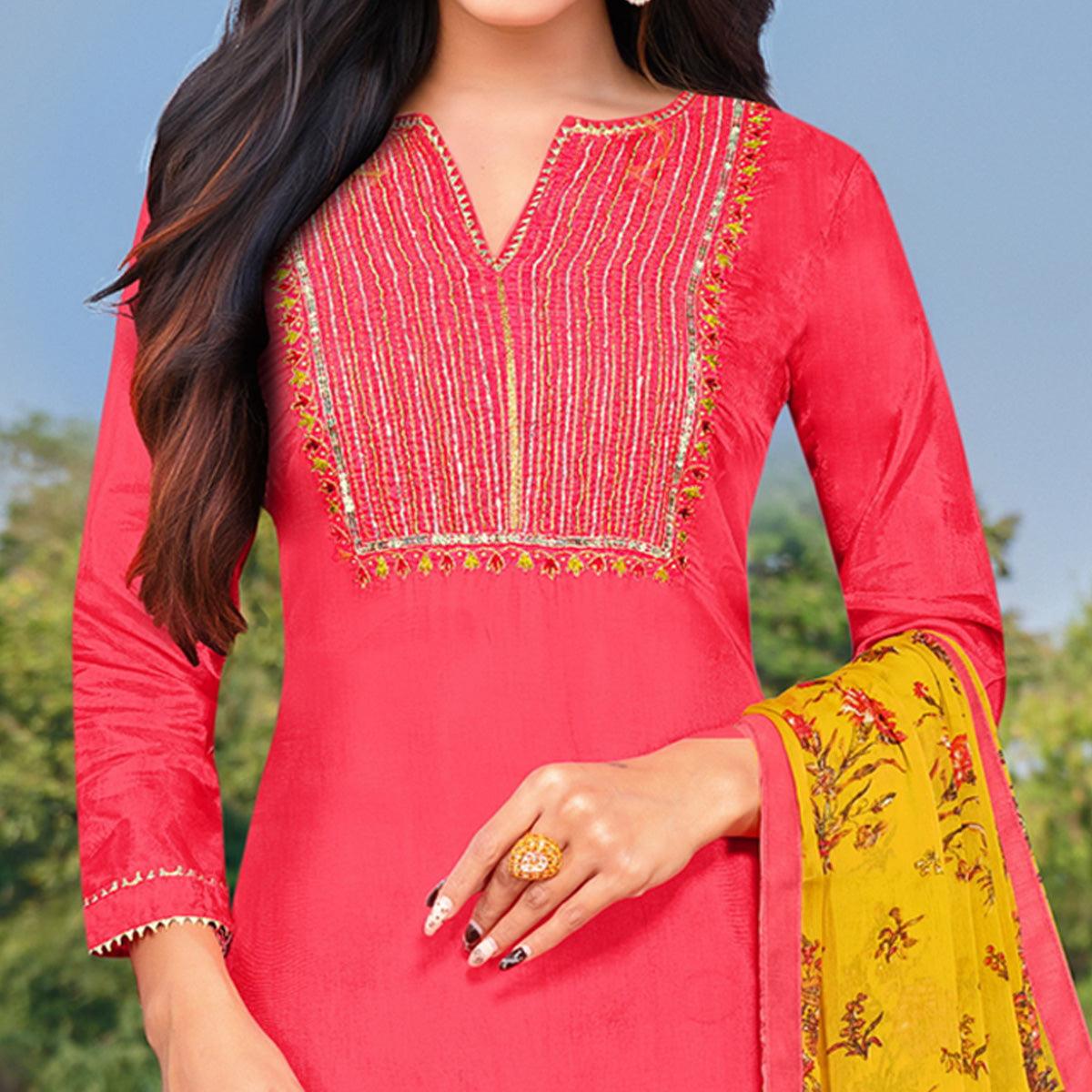 Lovely Dark Peach Colored Partywear Embroidered Modal Cotton Dress Material