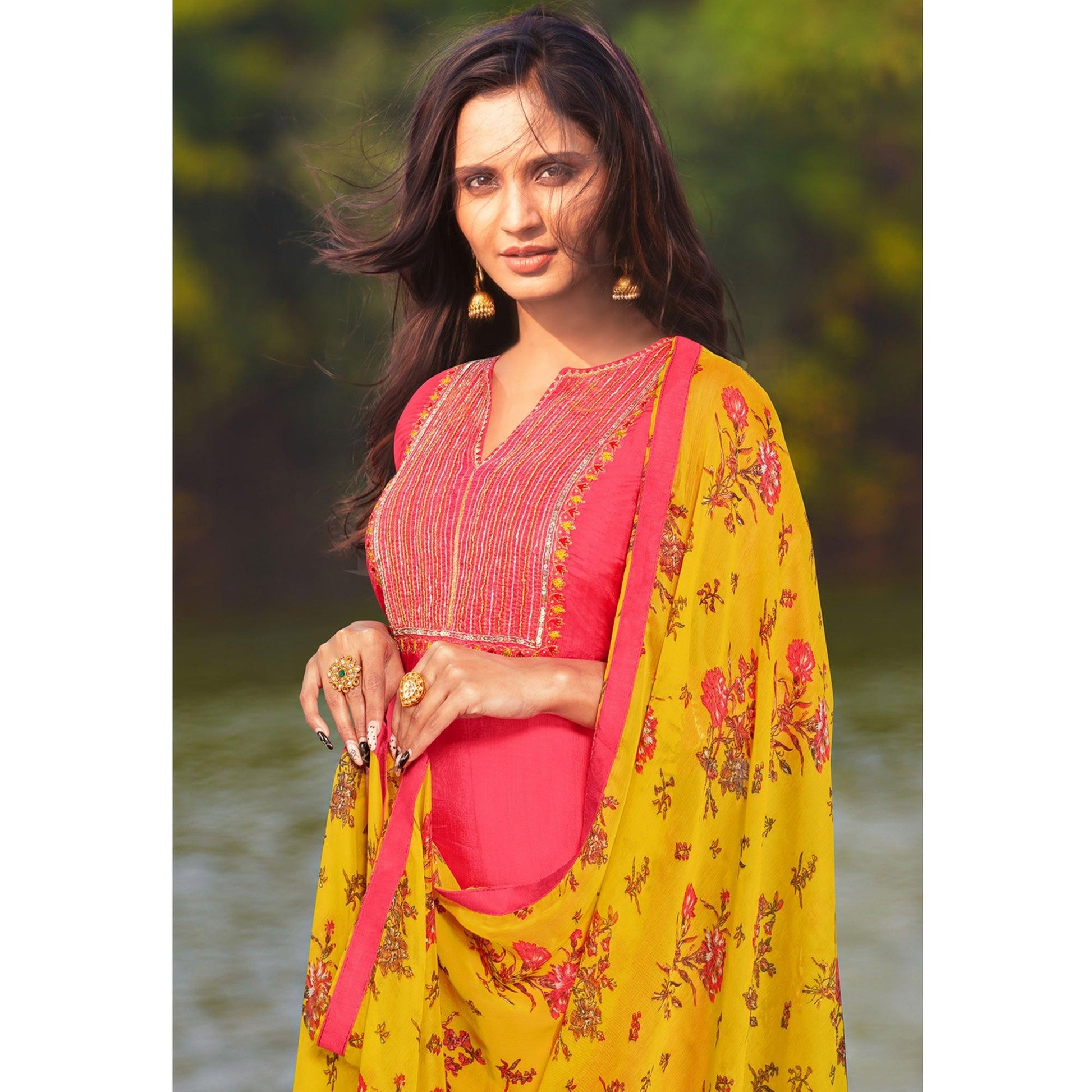 Lovely Dark Peach Colored Partywear Embroidered Modal Cotton Dress Material