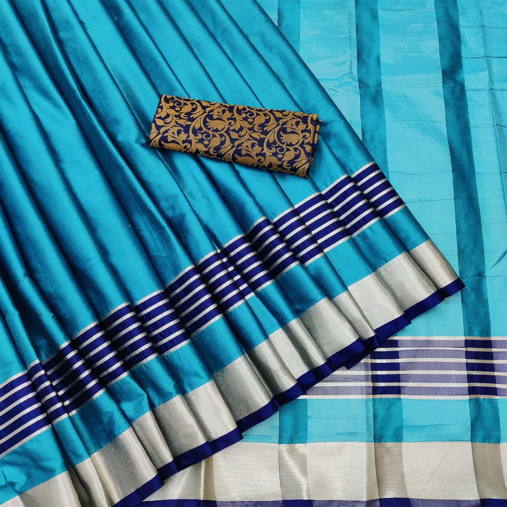 Lovely Ferozi Coloured Casual Wear Zari Border Cotton Saree
